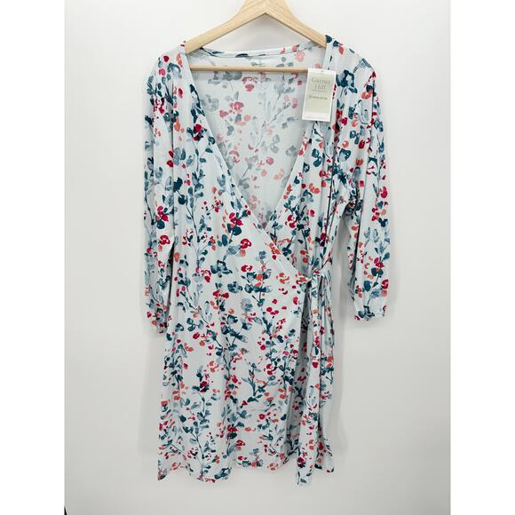 Green Cotton by Garnet Hill Blue Floral Wrap Front Dress Knee Length XL NWT - Picture 1 of 8